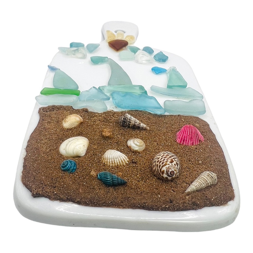 Artisan Crafted Ceramic Board Sailboat Scene W Sea Glass Citrine, Sand Seashells - Picture 7 of 12